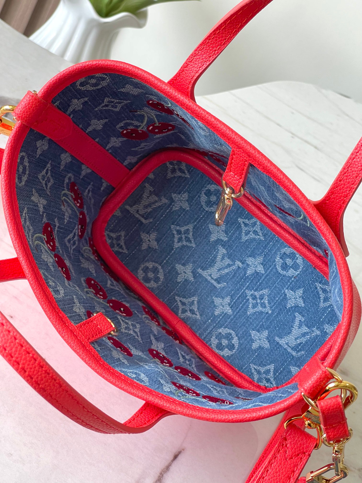 Lv X Tm Neverfull Inside Out Bb Monogram Cherry Denim M14997