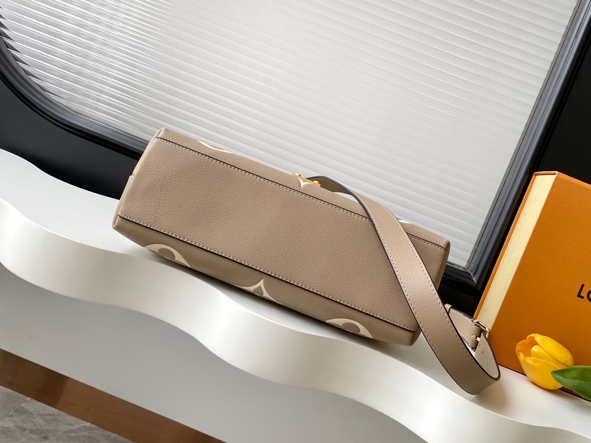 Madeleine Mm Handbag Bicolor Monogram Empreinte Leather Dove Gray / Crème Beige M46041