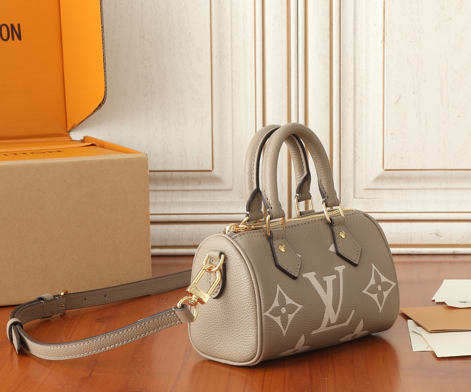 Nano Speedy Bicolor Monogram Empreinte Bag Tourterelle Gray / Cream M82890