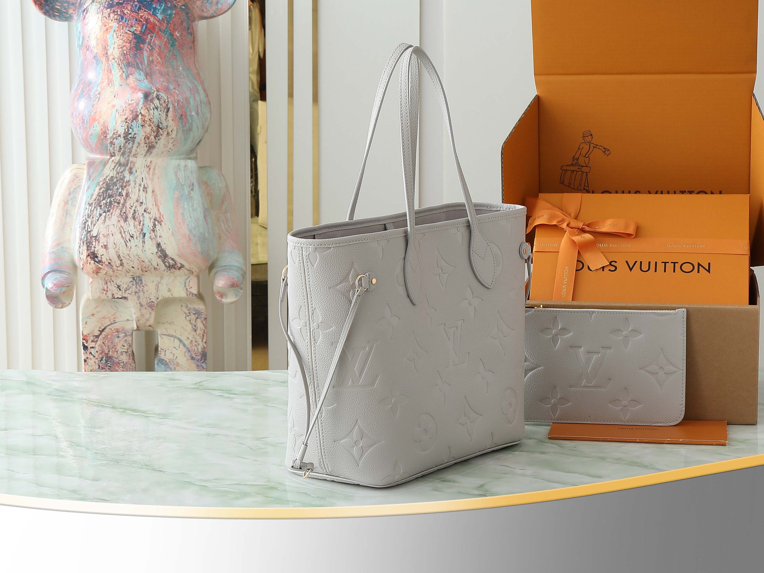 Neverfull Mm Brume Gray Monogram Empreinte Leather Mid Size Tote M13758