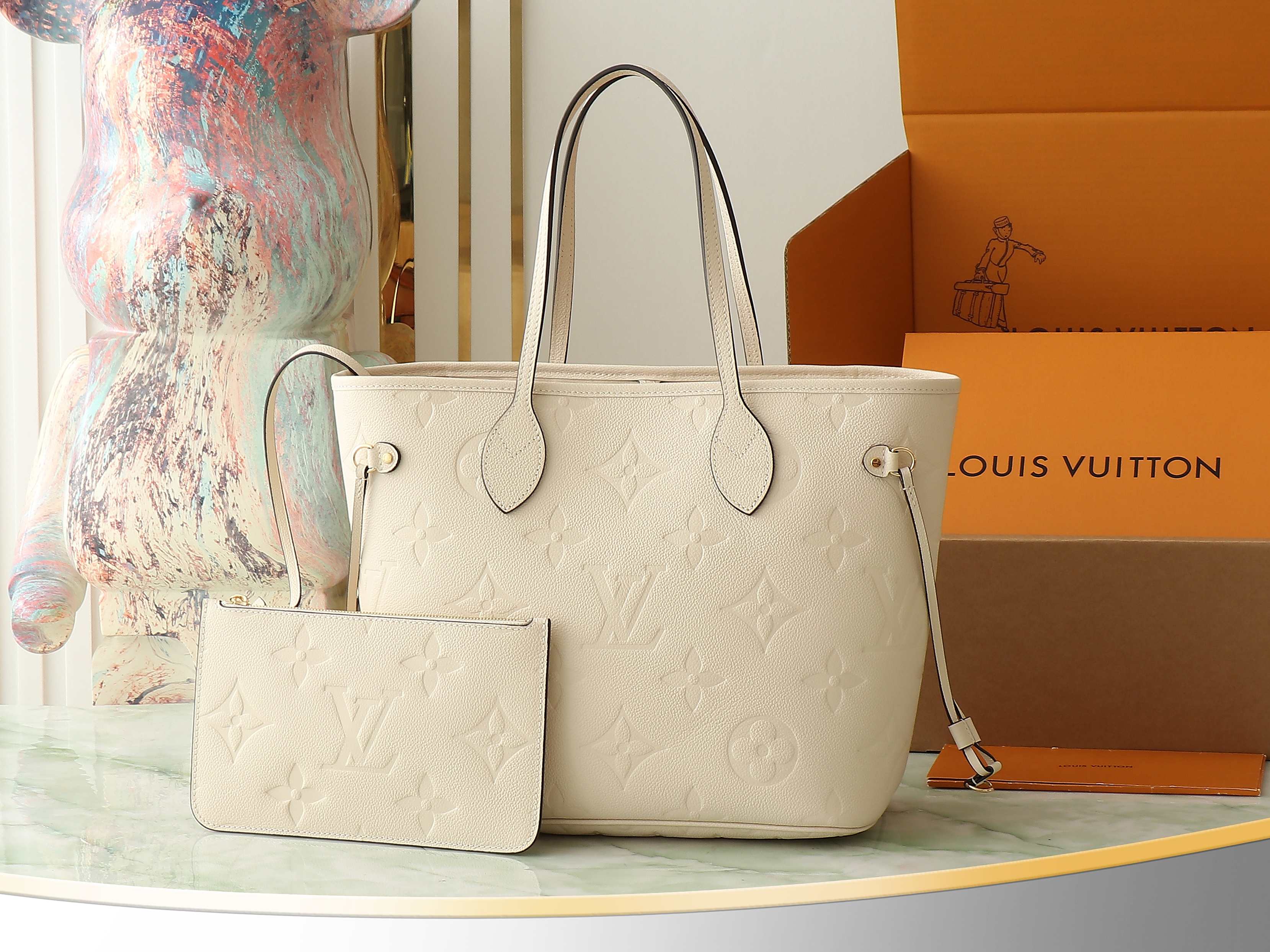 Neverfull Mm Crème Beige Monogram Empreinte Leather Mid Size Tote M46676