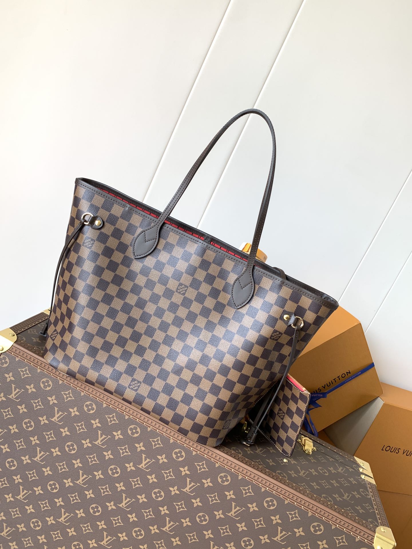 Neverfull Mm Damier Ebene Mid Size Cerise Red Tote N40599