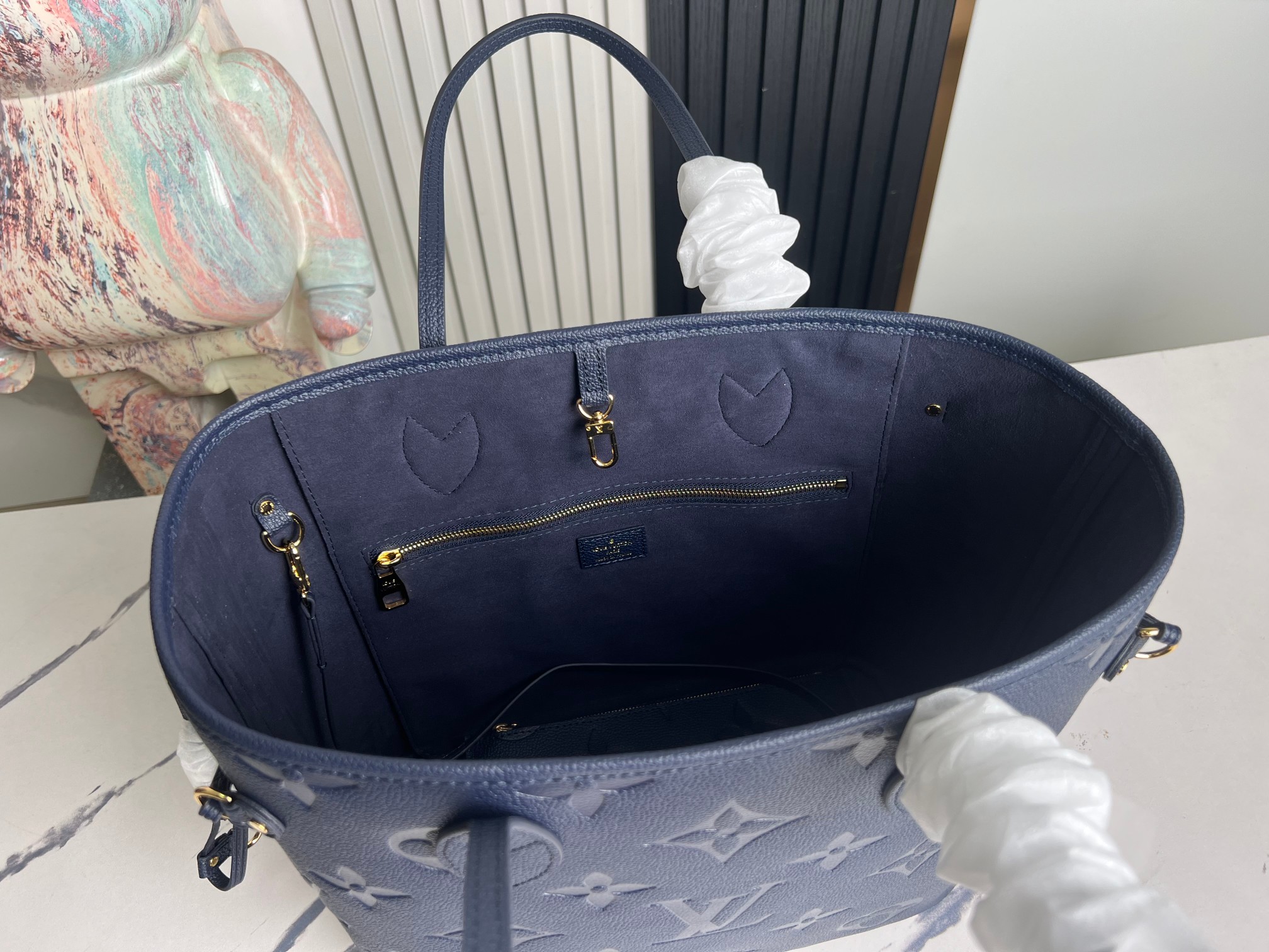 Neverfull Mm Navy Blue Monogram Empreinte Leather Mid Size Tote M47143