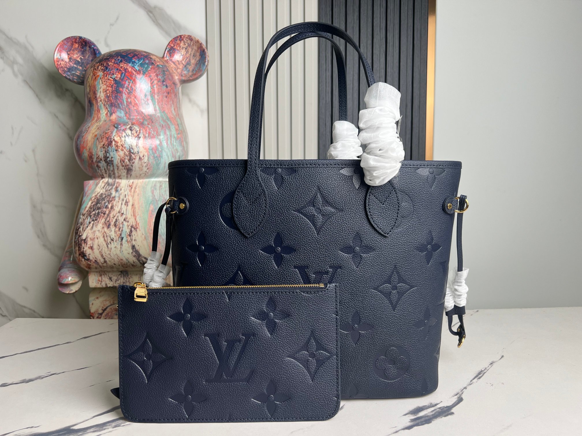 Neverfull Mm Navy Blue Monogram Empreinte Leather Mid Size Tote M47143