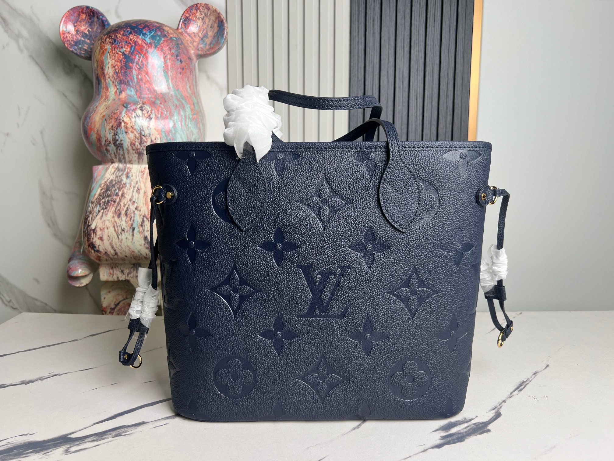 Neverfull Mm Navy Blue Monogram Empreinte Leather Mid Size Tote M47143