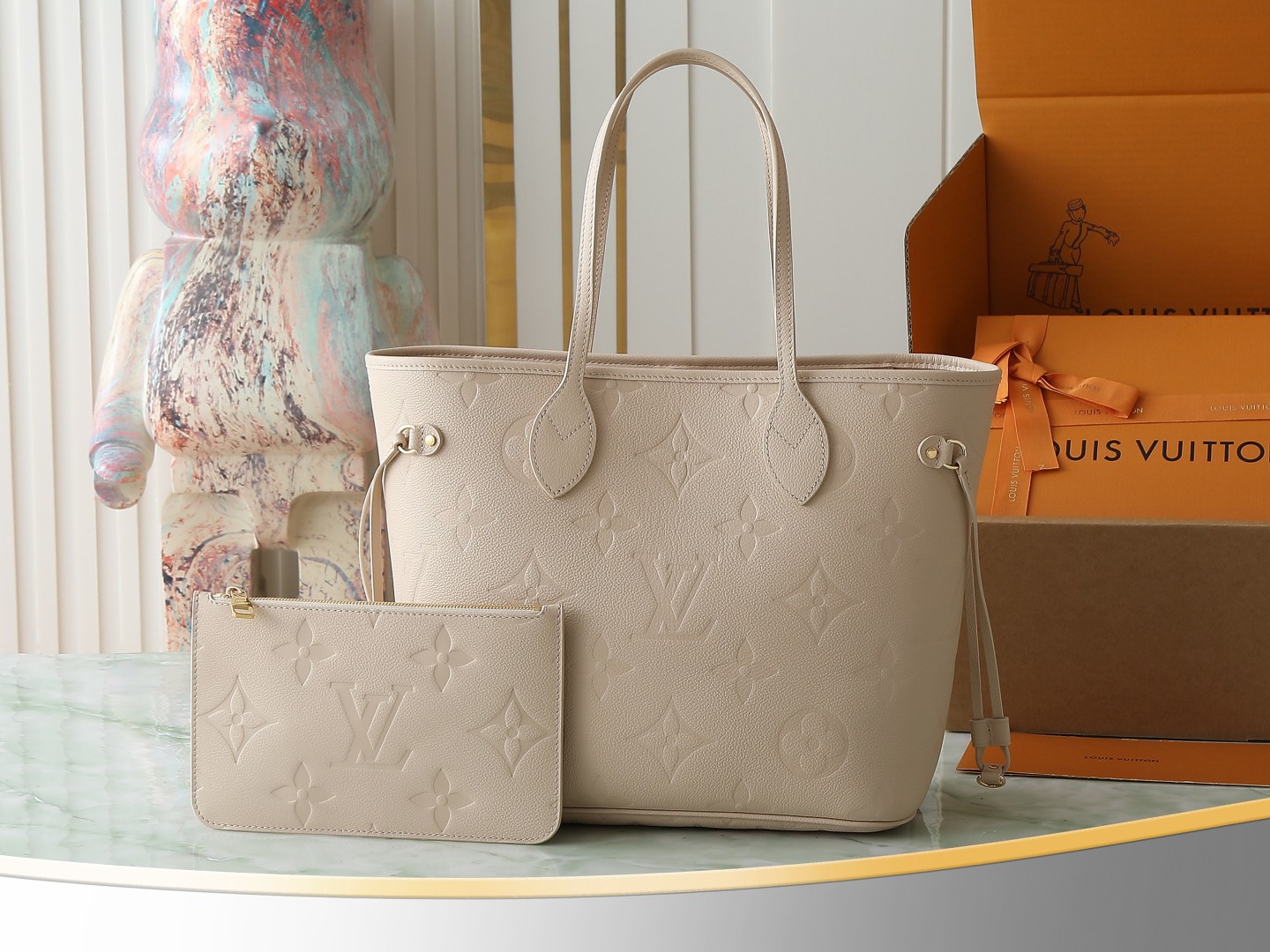 Neverfull Mm Sand Monogram Empreinte Leather Mid Size Tote M14319