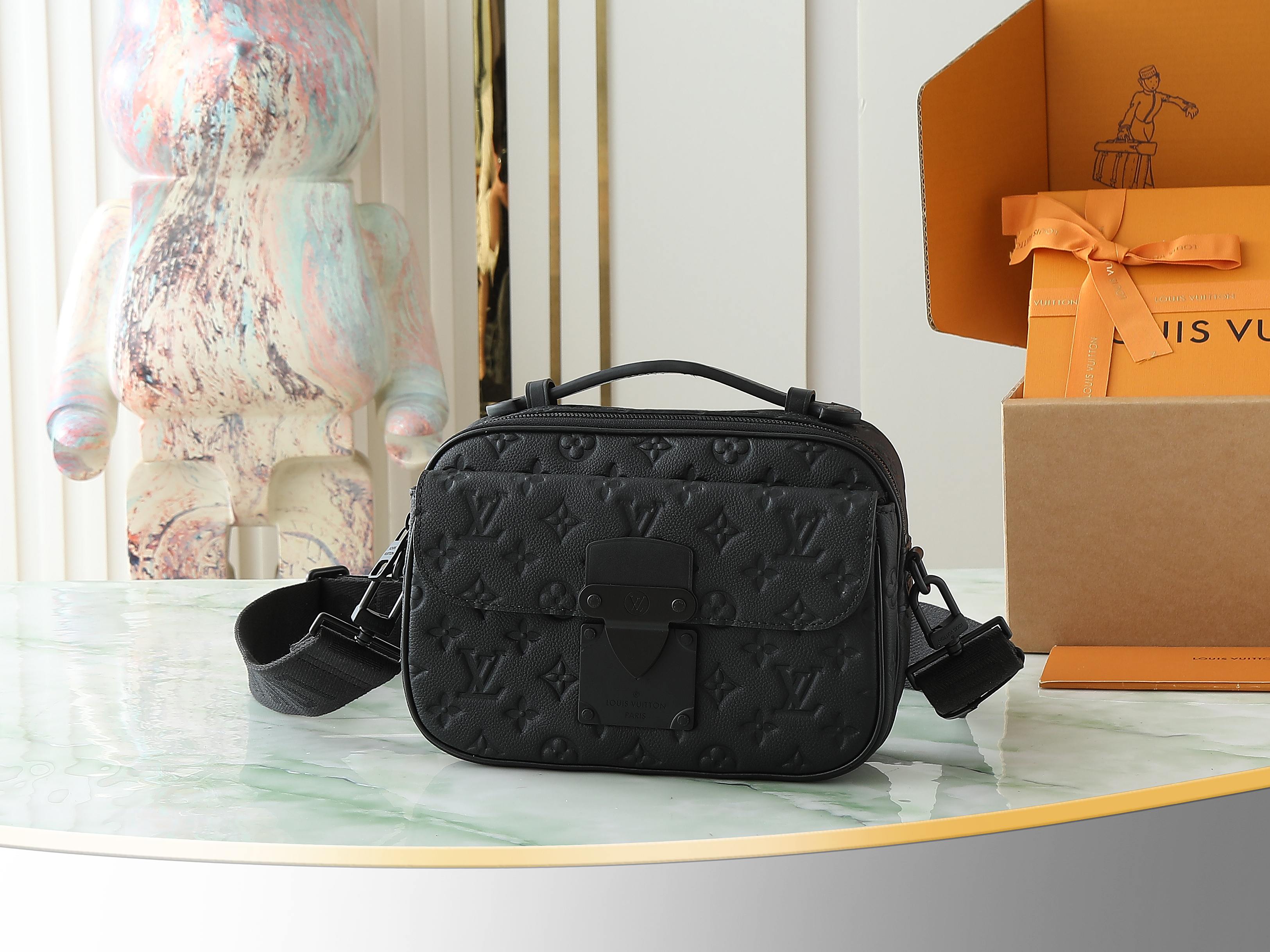 S Lock Messenger Bag Black Monogram Taurillon M58489