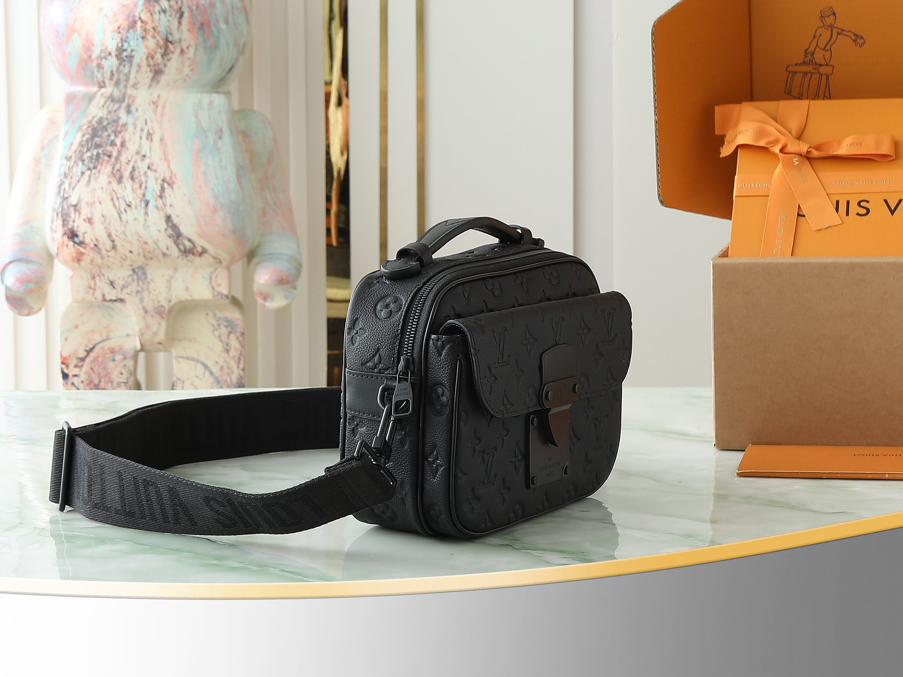 S Lock Messenger Bag Black Monogram Taurillon M58489