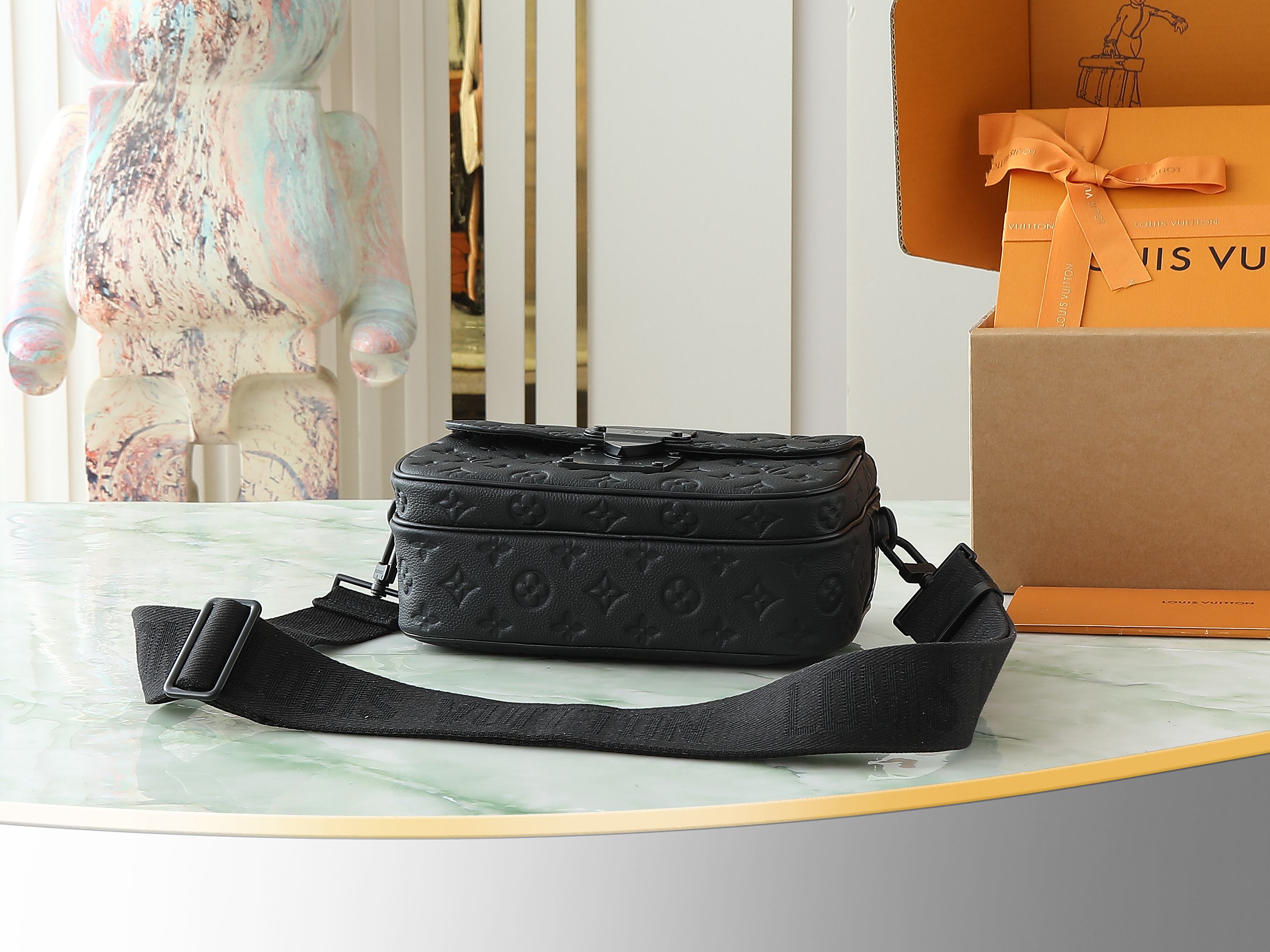 S Lock Messenger Bag Black Monogram Taurillon M58489