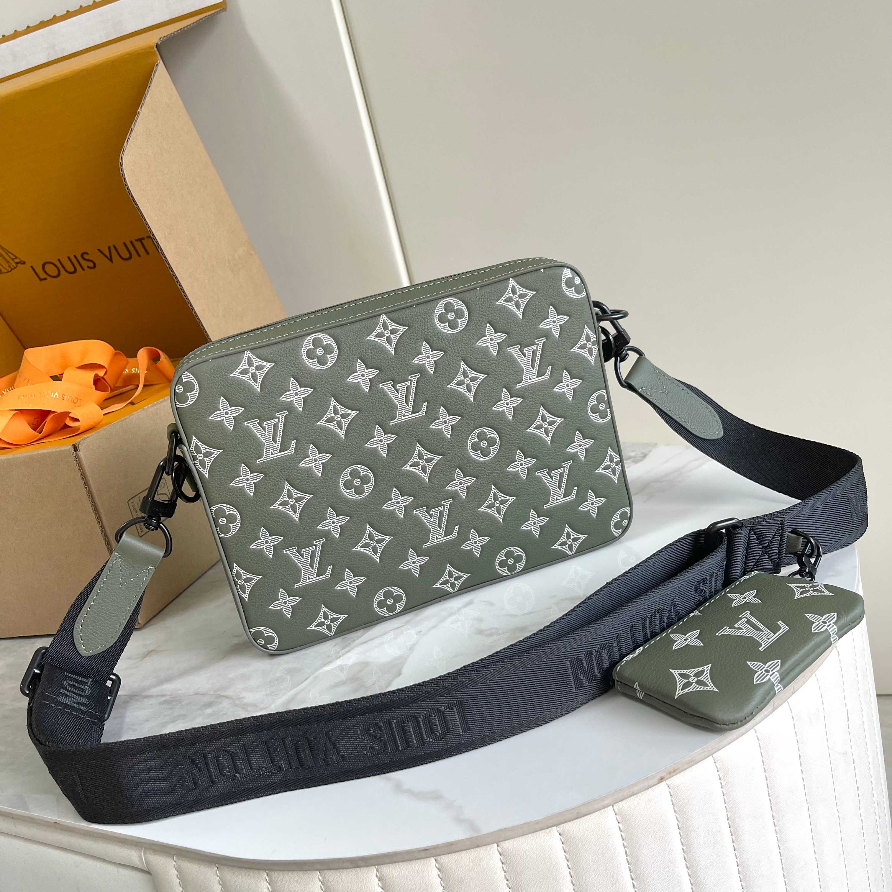 Trio Messenger Bag G65 Olive Green Monogram Shadow M12490