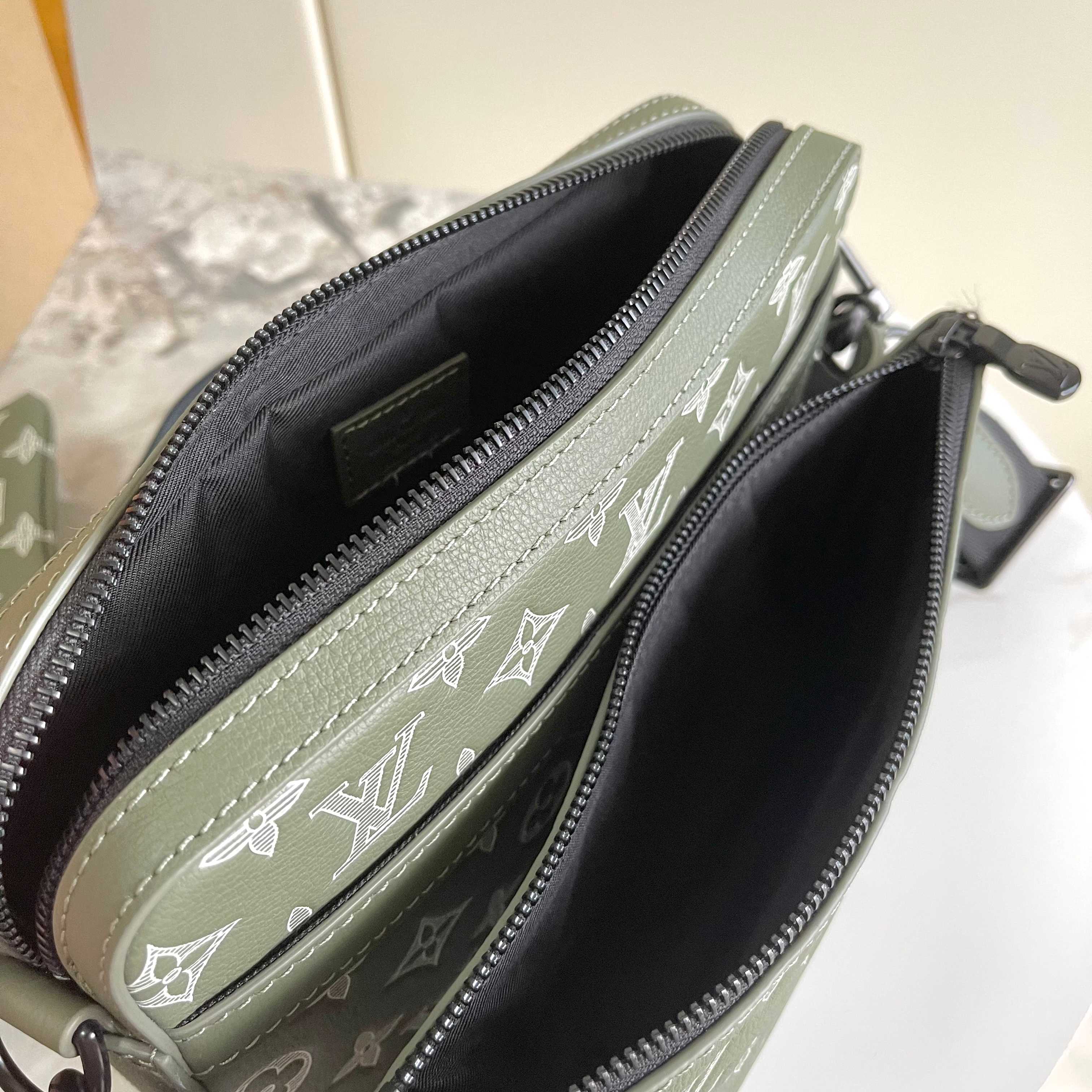 Trio Messenger Bag G65 Olive Green Monogram Shadow M12490