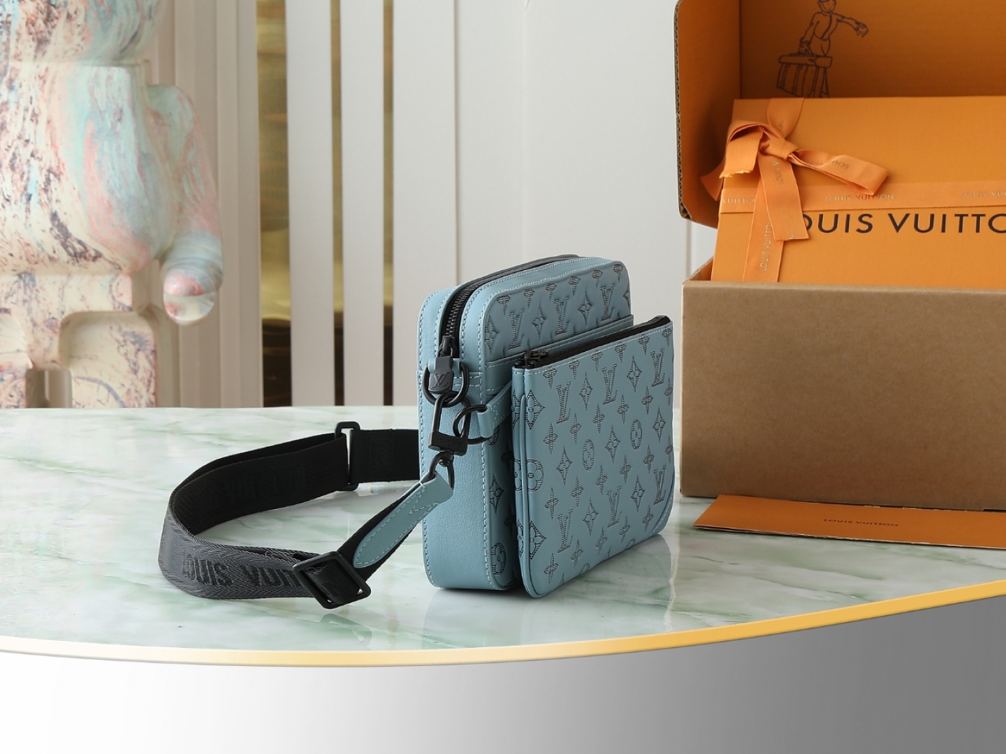 Trio Messenger Bag G65 Sky Blue Monogram Shadow M14781