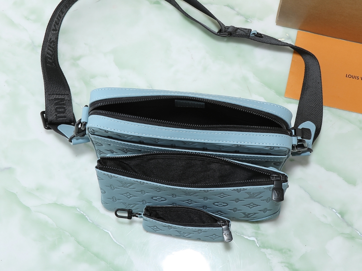 Trio Messenger Bag G65 Sky Blue Monogram Shadow M14781