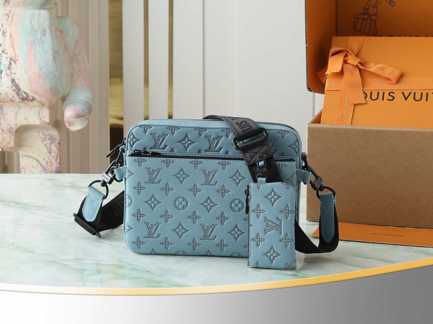 Trio Messenger Bag G65 Sky Blue Monogram Shadow M14781