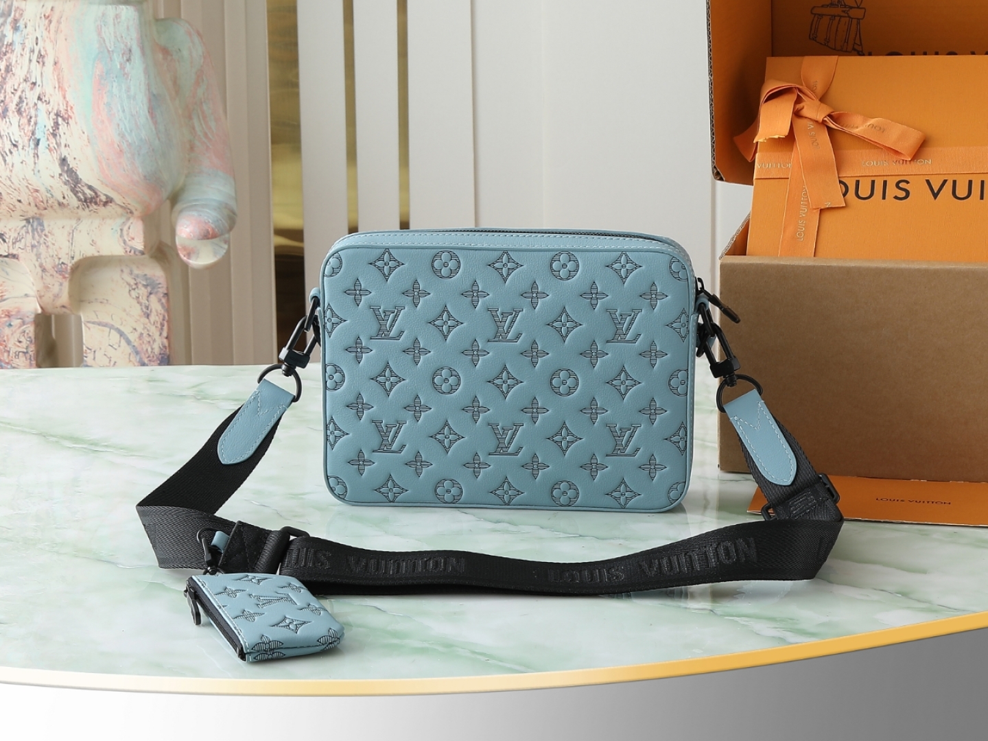 Trio Messenger Bag G65 Sky Blue Monogram Shadow M14781