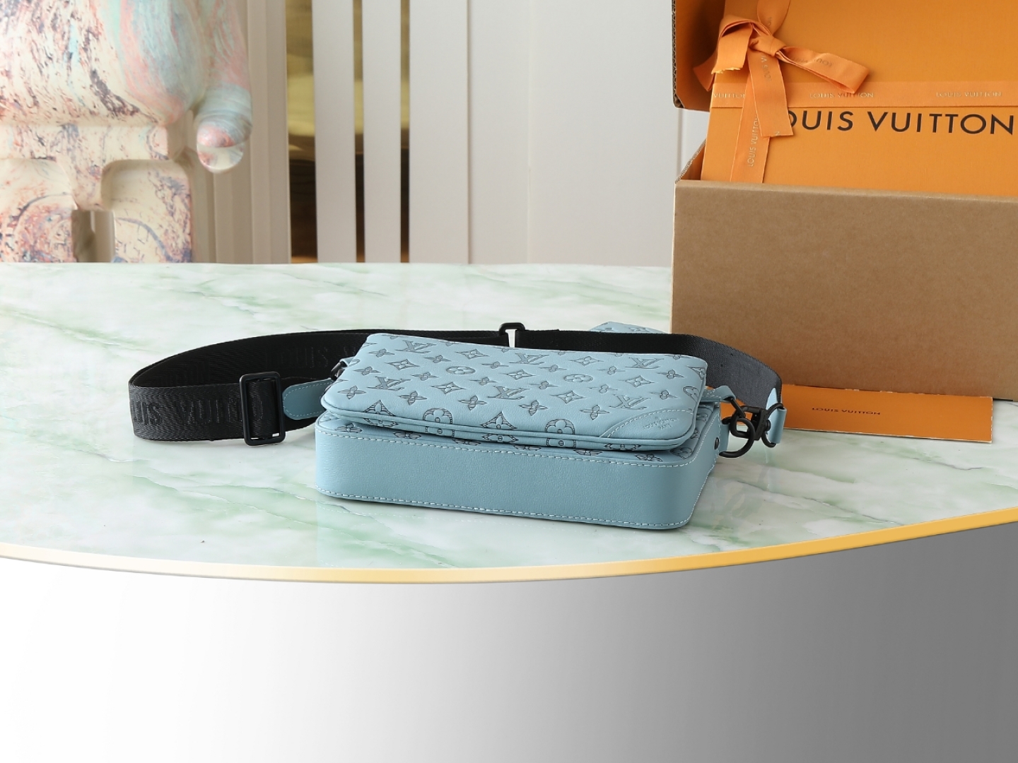 Trio Messenger Bag G65 Sky Blue Monogram Shadow M14781